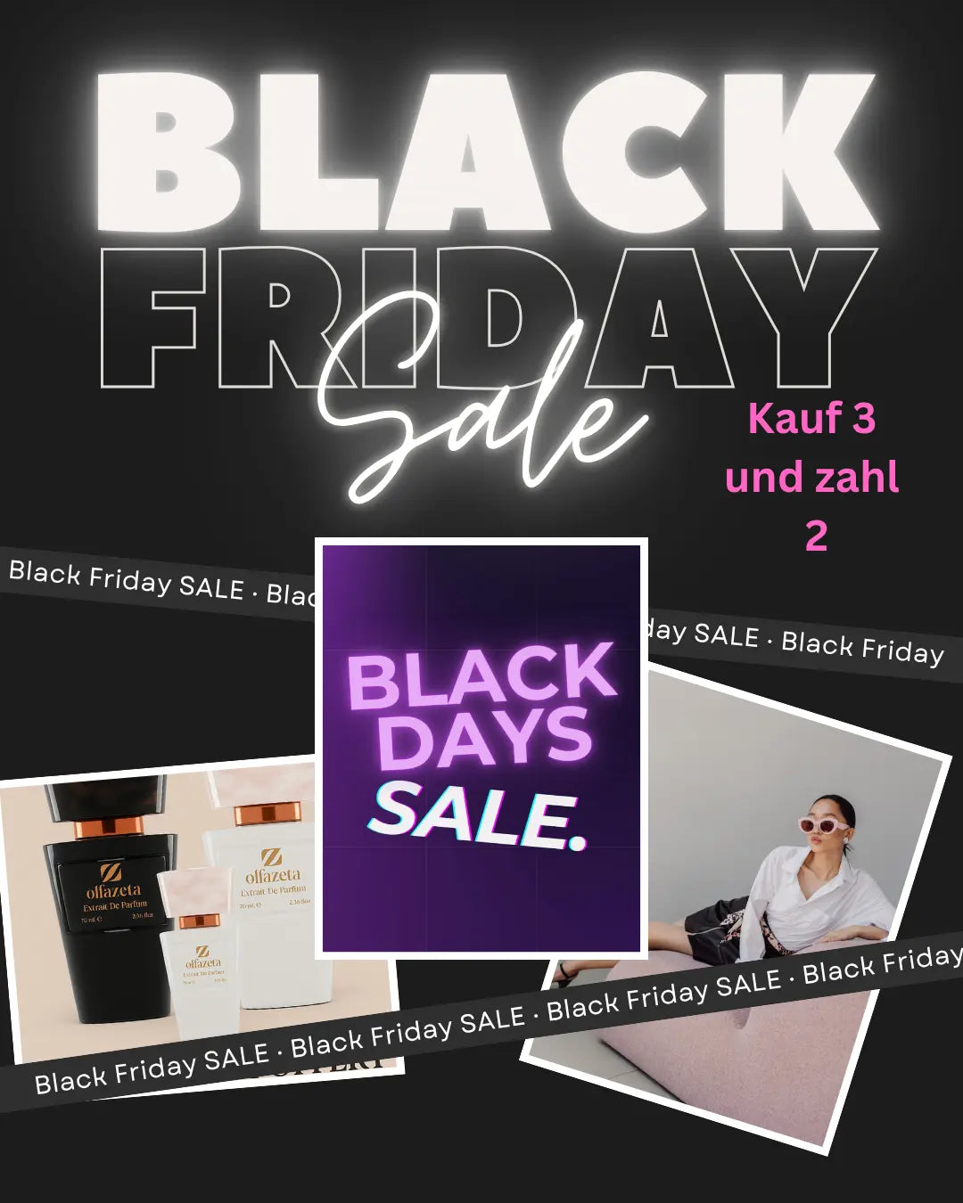 Eine Person mit lockigem Haar schließt die Augen, während sie Parfüm aus einer Flasche sprüht. Das Wort „Olfazeta“ ist deutlich sichtbar auf dem Bild zu sehen.