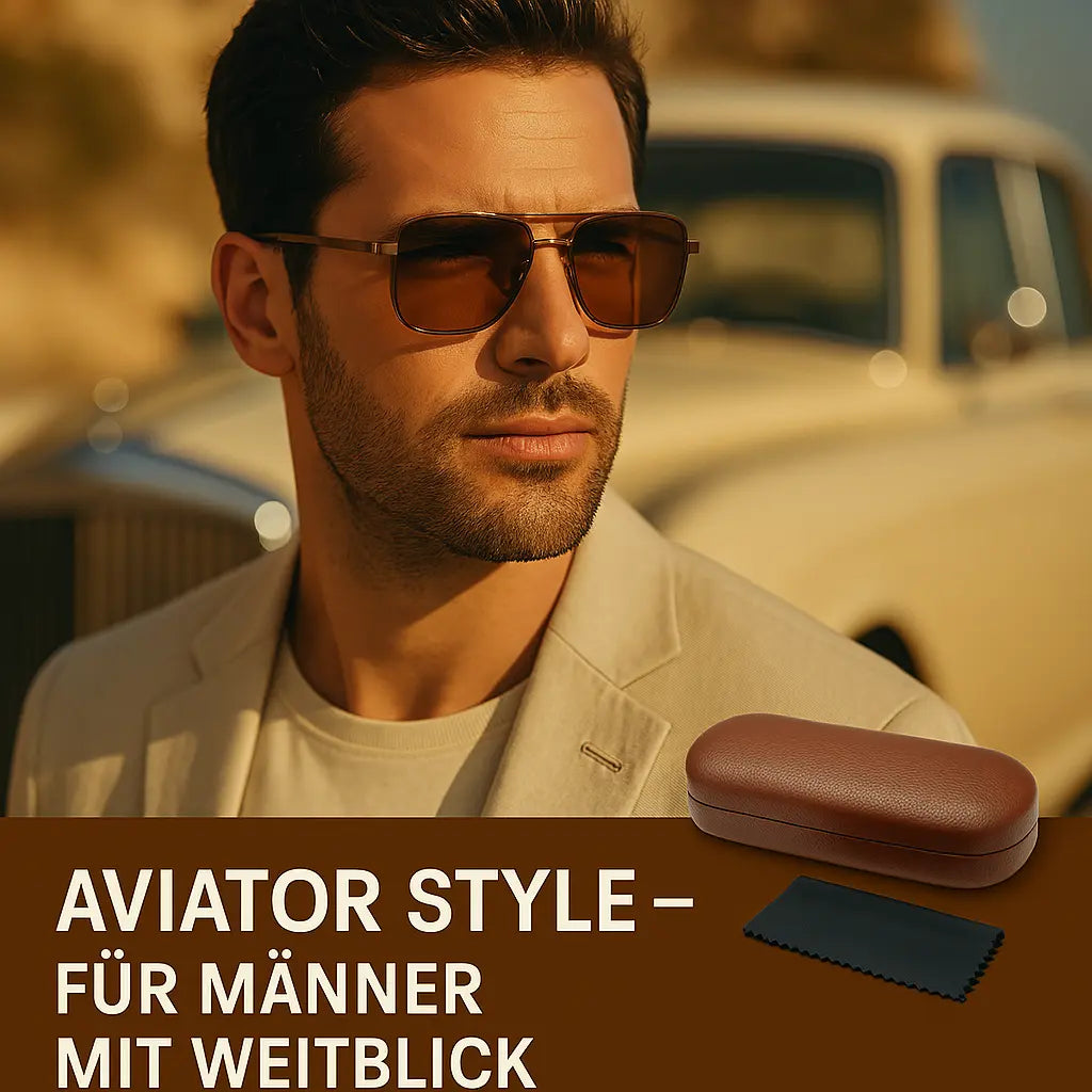 Ein Mann mit Sonnenbrille steht vor einem Oldtimer in einer sonnigen, felsigen Landschaft. Darunter sind ein braunes Sonnenbrillenetui und ein Brillenputztuch abgebildet. Text: Aviator Style – Für Männer mit Weitblick.
