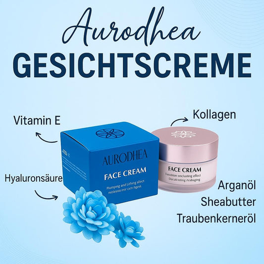 Das Bild zeigt Chogan-Gesichtscreme-Produkte auf blauem Hintergrund, eine blaue Schachtel und ein rosafarbenes Glas, die Inhaltsstoffe wie Kollagen, Hyaluronsäure, Vitamin E, Arganöl, Sheabutter und Traubenkernöl hervorheben. Blaue Blumen unterstreichen seine Eleganz.