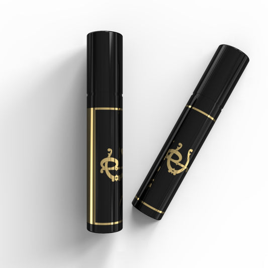 Zwei elegante schwarze Chogan-Kosmetiktuben mit goldenen Akzenten und einem stilvollen Design mit Duftfreisetzungstechnologie vor weißem Hintergrund.