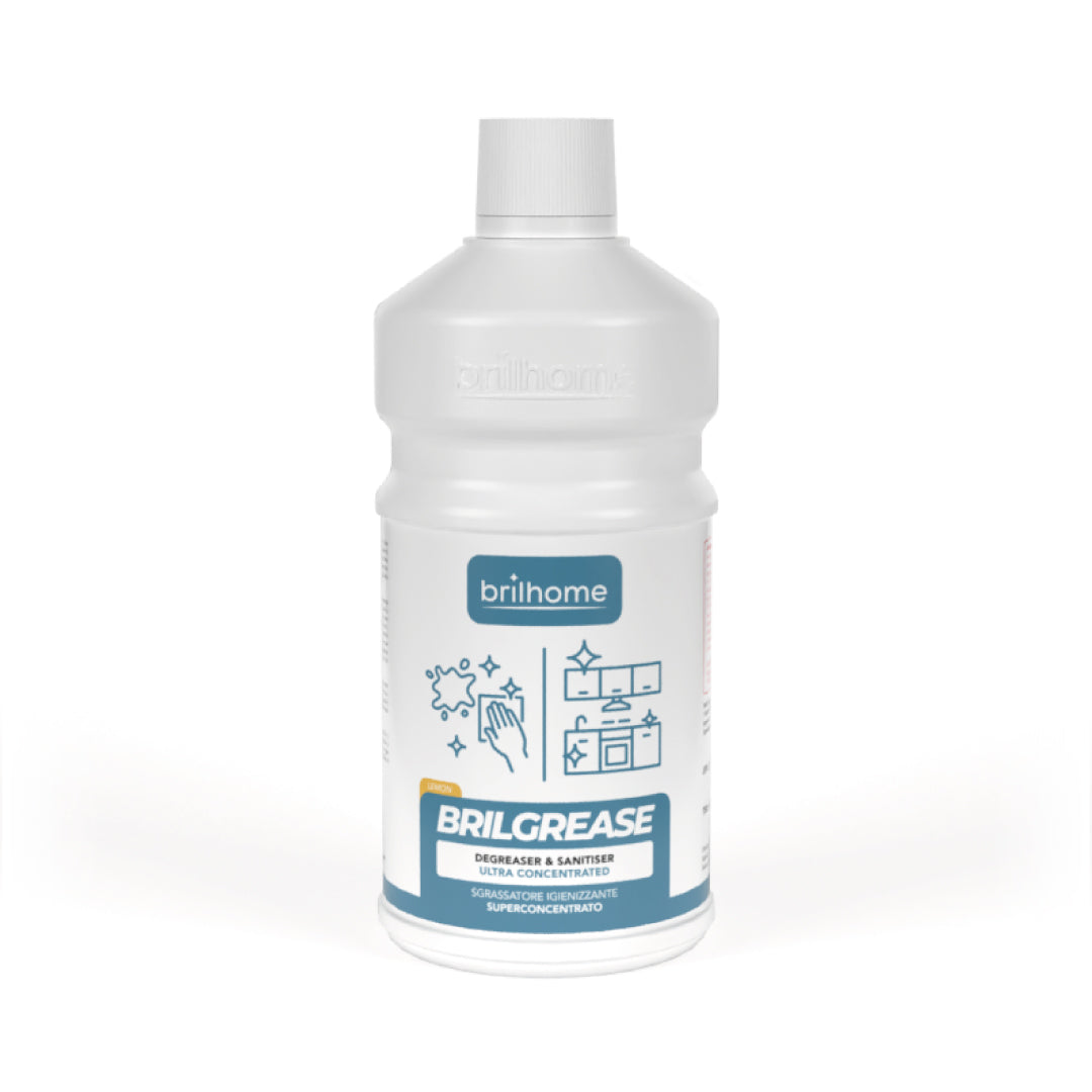 Eine weiße Plastikflasche mit der Aufschrift „Chogan BRILGREASE“ zeigt Grafiken einer funkelnden Küche und Reinigungssymbole. Sie verfügt über einen weißen Verschluss, blau-weiße Beschriftung und verspricht hygienische Sauberkeit als effektiver Fettlöser zum Entfetten und Desinfizieren von Oberflächen.