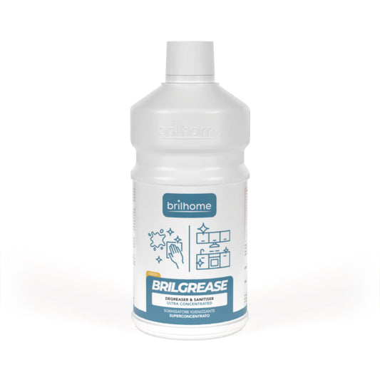 Eine weiße Plastikflasche mit der Aufschrift „Chogan BRILGREASE“ zeigt Grafiken einer funkelnden Küche und Reinigungssymbole. Sie verfügt über einen weißen Verschluss, blau-weiße Beschriftung und verspricht hygienische Sauberkeit als effektiver Fettlöser zum Entfetten und Desinfizieren von Oberflächen.